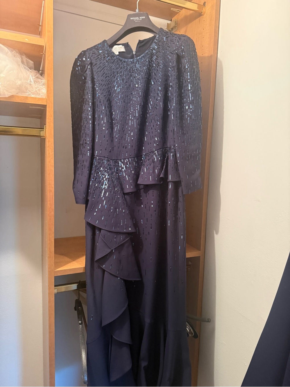 Michael Kors Navy Sequin Ruffled Evening Gown